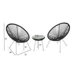 Rõdukomplekt COMO must, laud D42xH45cm, 2 tooli 70x80xH36 83cm, terasraam