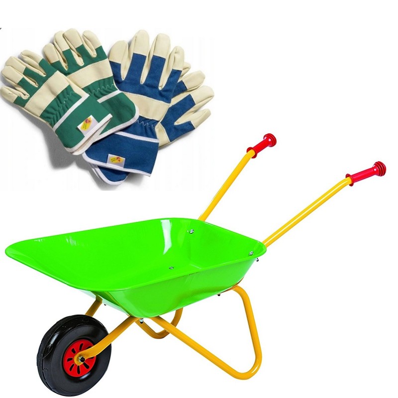 ROLLY TOYS Metal Garden Construction Wheelbarrow Green + Gloves