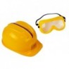 Set of tools, saw with batteries, helmet, gloves and safety glasses