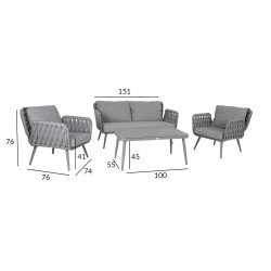 Aiamööblikomplekt ASCONA laud, diivan ja 2 tooli, hall alumiiniumraam nöörpunutisega, hallid padjad