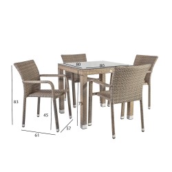 Aiamööbli komplekt LARACHE laud ja 4 tooli (2102) lauaplaat  läbipaistev klaas, alumiiniumraam plastikpunutisega