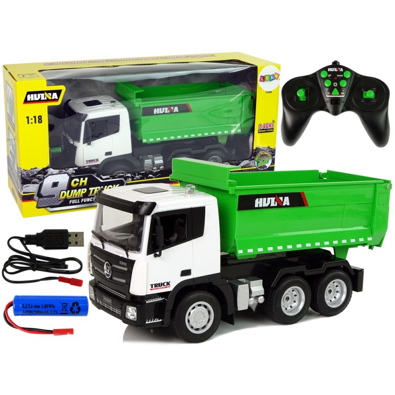 Remote Controlled 1:18 Green Huina 2.4G Tipper Lift Trailer